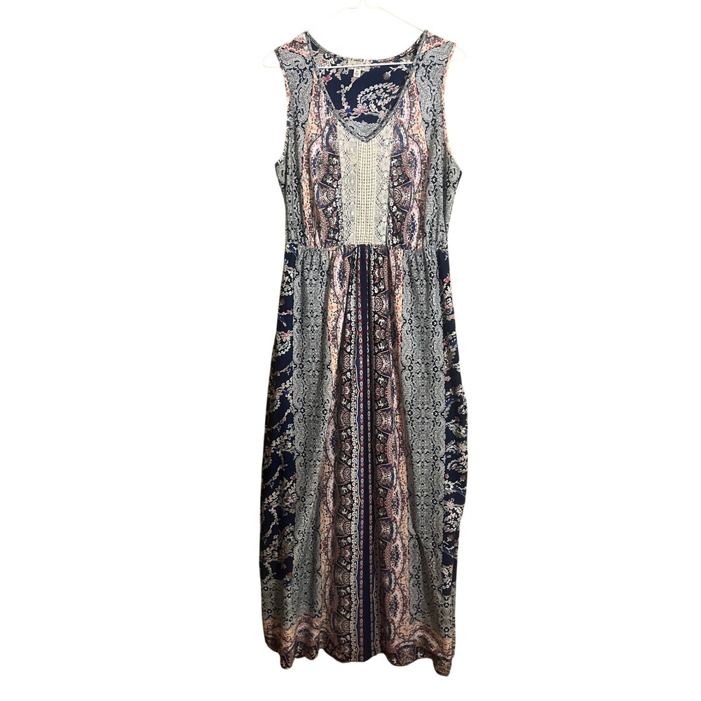 One World Women Navy Blue Paisley Crochet Inset Sleeveless Maxi Dress Medium